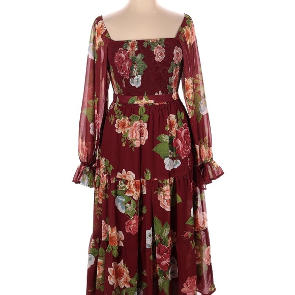 Baltic Born xl Vyn tiered midi burgundy long sleeve floral dress. - Picture 2 of 2